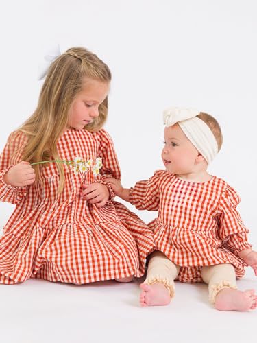 RuffleButts Baby/Toddler Girls Woven Long Sleeve Tiered Twirl Dress - Classic Rust Gingham, 4T - Image 3