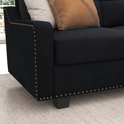HONBAY Convertible Sectional Sofa L Shaped Couch for Small Apartment Reversible Sectional Couch for Living Room,Velvet Black - Image 5