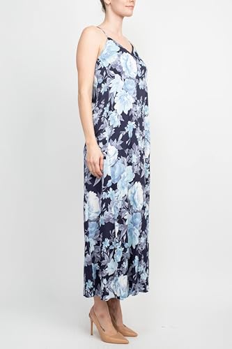 Connected Apparel V-Neck Spaghetti Strap Floral Print Satin Dress with Pockets Navy Blue / 8 - Image 2