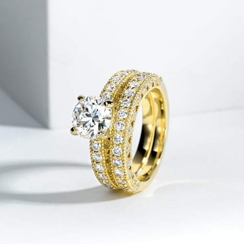 Idocare 2 ct All Moissanite Wedding Rings Set for Women D Color Round Cut Yellow Gold Plated 925 Sterling Silver Engagement Jewelry size 5 - Image 5