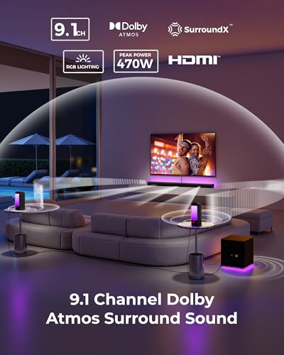 ULTIMEA 9.1ch Surround Sound System with Dolby Atmos, 2 Rear Speaker, 6.5" Wireless Subwoofer, RGB Light, App, Detachable Surround Sound System for Home Theater, Peak Power 470W, HDMI eARC, Apollo S90 - Image 2