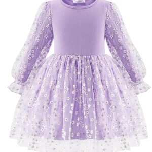 Arshiner Purple Dress for Girls Toddler Sequin Daisy Tulle Puff Long Sleeves Tutu Dress Fancy Princess Birthday Party Dress Up Size 6