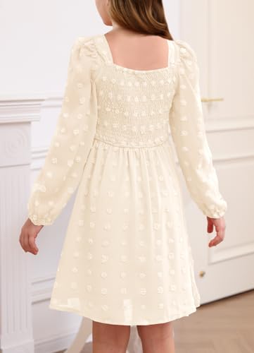 HOSIKA Girls Long Sleeve Dress Swiss Dot Square Neck Smocked Fall Dresses with Pockets 12-13 Years Apricot - Image 6