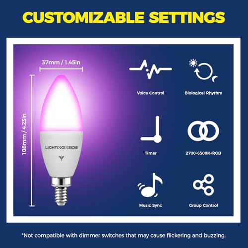 Lightinginside E12 Smart Light Bulbs 60W Equiv., 500LM 6W RGBCW Candelabra Chandelier Candle Bulb Works with Alexa/Google Home/Smart Life, 2.4G WiFi Bluetooth Bulbs, No Hub Required, ETL Listed, 3PCS - Image 6