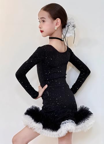 OTMYIGO Girls Long Sleeves Latin Dancing Dress Kids Ballroom Tango Salsa Dance wear Clothing Competition Outfit,Black,120 - Image 3