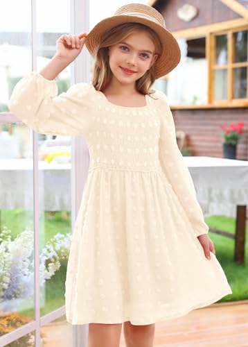 HOSIKA Girls Long Sleeve Dress Swiss Dot Square Neck Smocked Fall Dresses with Pockets 12-13 Years Apricot - Image 2