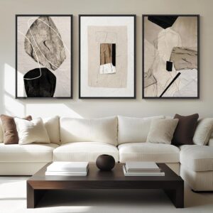Large Framed Neutral Abstract Wall Art for Living Room, 3 Piece Modern Canvas Prints Paintings Artwork for Walls, Black and Beige Pictures for Living Room Hallway Stair Office Wall Decor 24×36 Inch