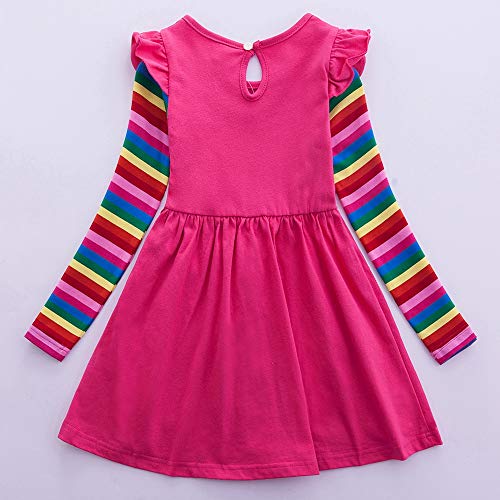 JUXINSU Cotton Girls Flower Rainbow Long Sleeve Dresses Butterfly Animal for Kids 3-8 Years (81035-Fuchsia, 6T(6-7 Years)) - Image 3