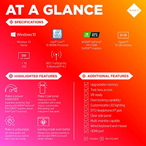 Omen by HP Obelisk Gaming Desktop Computer, 9th Generation Intel Core i9-9900K Processor, NVIDIA GeForce RTX 2080 SUPER 8 GB, HyperX 32 GB RAM, 1 TB SSD, VR Ready, Windows 10 Home (875-1023, Black) - Image 6