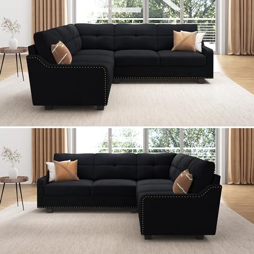 HONBAY Convertible Sectional Sofa L Shaped Couch for Small Apartment Reversible Sectional Couch for Living Room,Velvet Black - Image 3