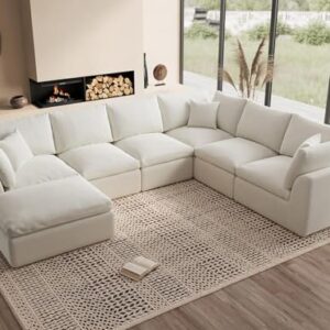 ohllob Oversized Cloud Couches for Living Room, Convertible Sectional Couch with Ottoman, 7 Seater Large Modular Sectional Sofa, Warm White