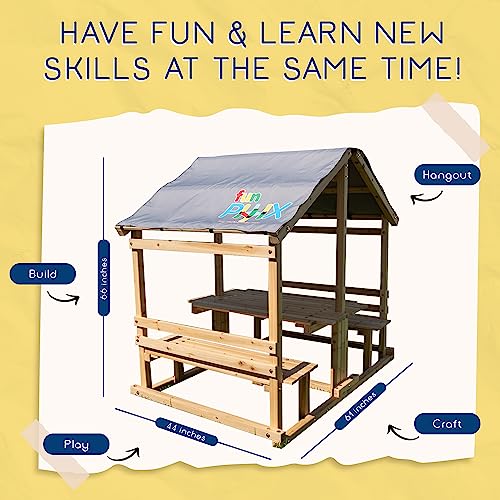 Outdoor Playhouse - Funphix Kids Klubhouse Wooden Playhouse with Table & Benches - Multifunctional Toy for Fun Play & Learning - Durable & Easy to Assemble Backyard Playground Set - Image 4