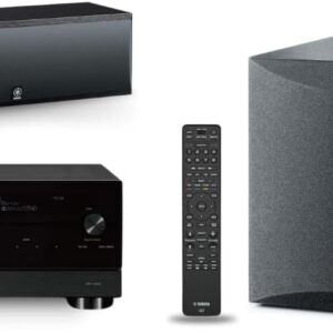 Yamaha RX-A2A AVENTAGE 7.2-Channel AV Receiver with MusicCast, 10″ 100W Powered Subwoofer, and NS-C210BL Center Channel Speaker Bundle – Premium Home Theater Experience