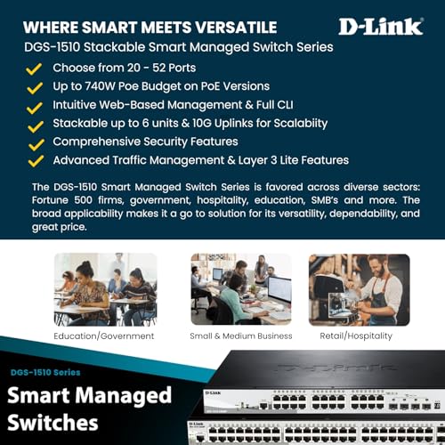 D-Link 52-Port Gigabit Stackable Smart Managed PoE+ Switch with 10G Uplinks | 48 PoE+ (740W) + 4 10GbE SFP+ Ports| L2+/L3 Lite |VLANs |Web Managed |Surveillance Mode | NDAA Compliant (DGS-1510-52XMP) - Image 3