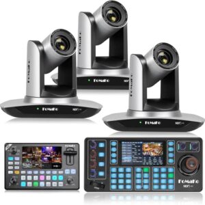 FoMaKo NDI 20x Optical Zoom Camera, AI Auto Tracking HDMI PTZ Camera(3pcs),KC602 Video Switcher,KC608 PTZ Controller, for Church Services Worship Education(FMK20UHX3+KC602+KC608N)