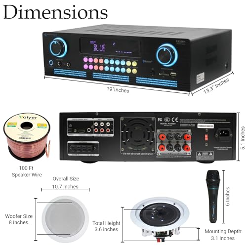 Home Theater Sound System Kit - 2000 W Bluetooth Amplifier w/ 4 Qty of 8" Framed Ceiling Speakers 300 W Each, Mic, 200 ft Speaker Wire & Remote for Living Room, Office, Commercial, Bars by Vaiyer - Image 2