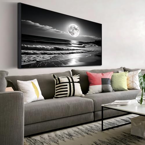 GOSTUDY Black and White Modern Wall Art,Night Sky Art,Moon and Ocean Landscape,Canvas Art Print, Black and White Pictures for Living Room,Bedroom,Dining Room,Entryway,Large Framed Ready to Hang (Black Frame, 69" L x 39" W) - Image 2