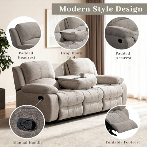 Betsy Furniture Soft Microfiber Reclining Sofa Set, Drop Down Table, Cupholder Console, Living Room Set, Sofa Loveseat Glider Chair 8018M (Light Grey, Sofa+Loveseat+Chair) - Image 3