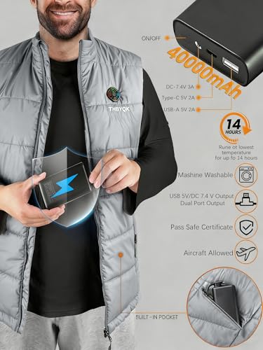THBYQK 21 Zone Heated Vest for Men & Women with 2 Pcs 20000mAH 7.4V Battery Pack 5 in 1 Smart Controller (US, Alpha, X-Large, Regular, Regular, Grey) - Image 5