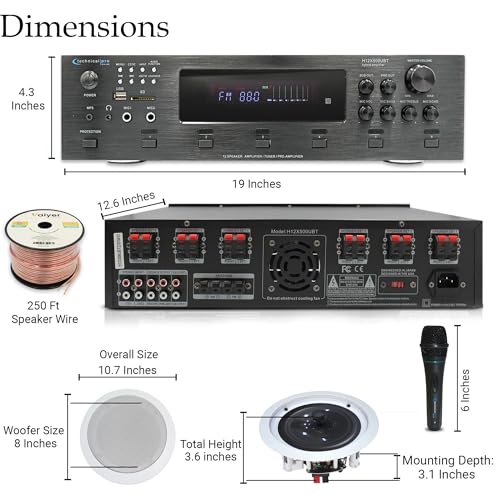 Home Theater Sound System Kit - 6 Channel 6000 Watts Bluetooth Amplifier, 8 Qty of 8” Framed Ceiling Speakers 300 W Each, Mic, 500 ft Speaker Wire & Remote for Home, Office, Restaurant by Vaiyer - Image 2