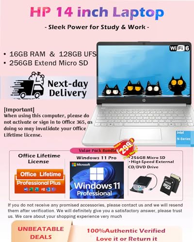 HP Business Student Laptop Computer - Windows 11 Pro & Microsoft Office Lifetime | 14 inch HD | AI-Powered, 12 Hr Batter | HP N-Serious Laptop| 16GB RAM, 128GB UFS, 256GB Extend Micro SD | Silver - Image 2