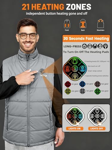THBYQK 21 Zone Heated Vest for Men & Women with 2 Pcs 20000mAH 7.4V Battery Pack 5 in 1 Smart Controller (US, Alpha, X-Large, Regular, Regular, Grey) - Image 2