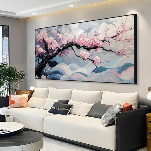 Japanese Cherry Blossom Canvas Wall Art, Sakura Tree Canvas Print, Pink Floral Pictures, Cherry Blossom Tree Wall Art, Flower Branch Decor, Nature Prints for Living Room (Gold Framed, 71"x35" | 180x90cm) - Image 3