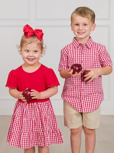 RuffleButts Baby/Toddler Girls Mixed Media Short Sleeve Tiered Dress - Classic Red Gingham, 5 - Image 6