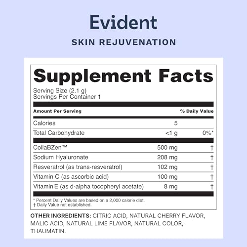 EVIDENT WELLNESS Skin Rejuvenation Powder – Collagen Supplement w/Resveratrol, Sodium Hyaluronate, CollaBZEn, Vitamins C & E – Supports Elasticity, Hydration, Firmness – 30 Stick Packs, Cherry Lime - Image 6