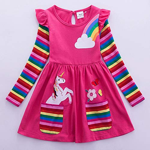 JUXINSU Cotton Girls Flower Rainbow Long Sleeve Dresses Butterfly Animal for Kids 3-8 Years (81035-Fuchsia, 6T(6-7 Years)) - Image 2