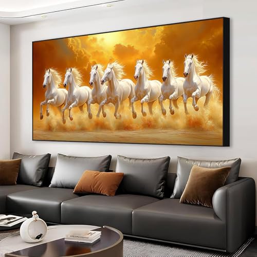 7 Running White Horses Canvas Wall Art, Horse Pictures Wall Decor, Horse Canvas Wall Art Large, Horse Themed Wall Decor (Gold Metal Framed, 70"x 35"| 180x90cm) - Image 6