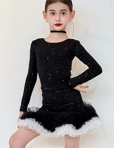 OTMYIGO Girls Long Sleeves Latin Dancing Dress Kids Ballroom Tango Salsa Dance wear Clothing Competition Outfit,Black,120 - Image 2