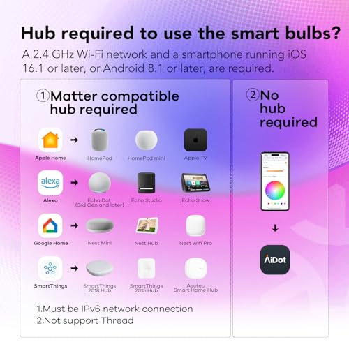 OREiN Matter Smart Light Bulb, 1600 Lumens 100W Equivalent Smart Light Bulbs, Color Changing Light Bulbs Work with Apple Home, Alexa, Google Home, SmartThings, A21 Smart Bulbs 2.4Ghz WiFi, 2Pack - Image 5