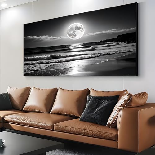 GOSTUDY Black and White Modern Wall Art,Night Sky Art,Moon and Ocean Landscape,Canvas Art Print, Black and White Pictures for Living Room,Bedroom,Dining Room,Entryway,Large Framed Ready to Hang (Black Frame, 69" L x 39" W) - Image 7