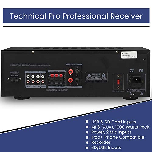 Technical Pro 1000 Watts Professional Home Theater Receiver System Kit w Portable Microphone with Digital Processing and Remote 6 Qty of 5.25” Ceiling Wall Mount Framed Speakers - Image 4