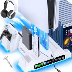 PS5/Slim/Pro Stand and Cooling Station with LED Controller Charging Station for PlayStation 5 Console, Controller Charger, Cooling Stand, PS5/Slim/Pro Accessories Kit with 3 Level Cooler Fan