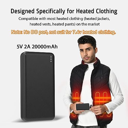 Whsahans 5V 2A 20000mah Heated Vest Heated Jacket Battery Pack Power Bank Rechargeable Battery for for Heated Vests Heated Jackets Heated Hoodies for Men Women(No DC Port, Not Suit for 7.4v) - Image 2