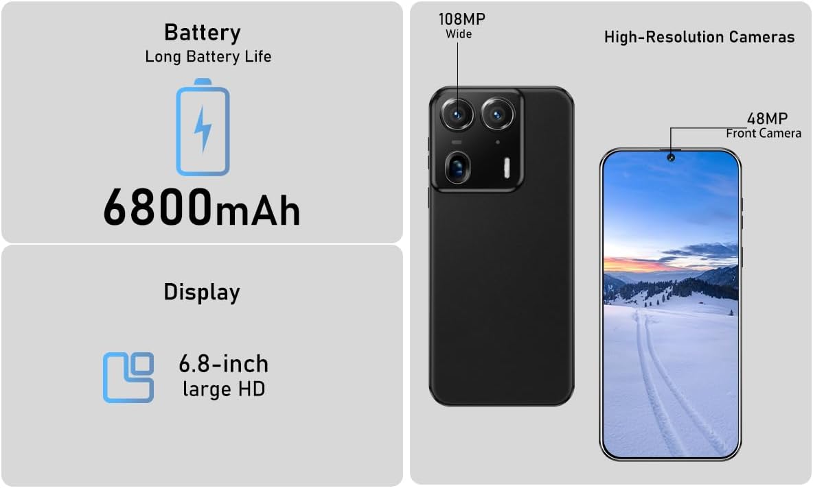 E50 Ultra Unlocked 5G Phone 2025 Android 13 Smartphone 48MP+108MP Dual Camera 6.8-inch HD Display 12GB RAM+512GB Storage 10-Core Dual-SIM Smartphone 6800mAh Long-Lasting Battery Android Phone(Black) - Image 5