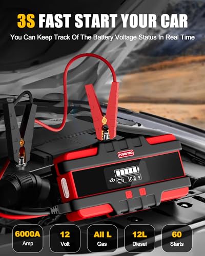 PJS06 Pro 6000A Car Jump Starter (All Gas & 12L Diesel), 74Wh Portable Power Bank with 40W Fast Charge, Smart LCD Voltage Display, Large Screen Warning Light, 10-Safety Protections - Image 2