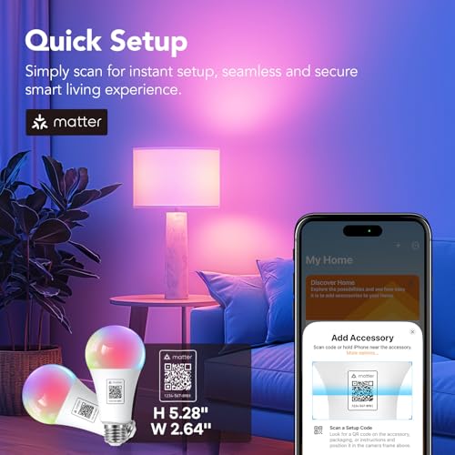 OREiN Matter Smart Light Bulb, 1600 Lumens 100W Equivalent Smart Light Bulbs, Color Changing Light Bulbs Work with Apple Home, Alexa, Google Home, SmartThings, A21 Smart Bulbs 2.4Ghz WiFi, 2Pack - Image 4
