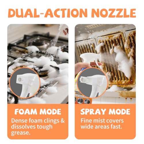 WETQUEEN All Purpose Cleaner Spray, Heavy Duty Kitchen Degreaser Foam & Stubborn Stain Remover for Kitchen, Household, Oven, Stove, Range Hood, Tiles, Dual-Spray Nozzle, Lemon Scent, 16.91 Fl Oz - Image 3