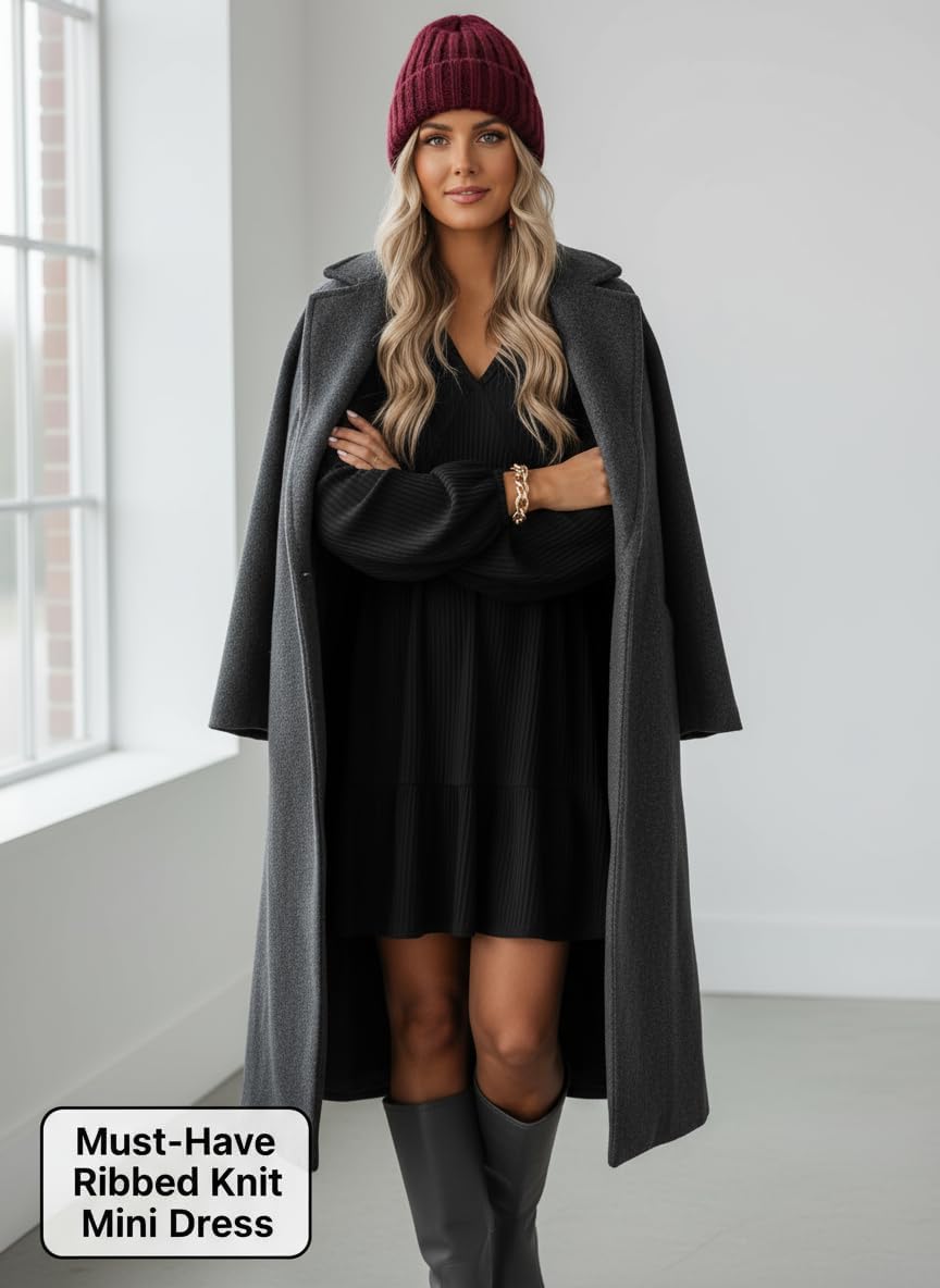 Dokotoo Spring Dresses for Women 2026 Long Sleeve V Neck Lightweight Ribbed Knit Empire Waist Casual A Line Swing Mini Dress - Image 6