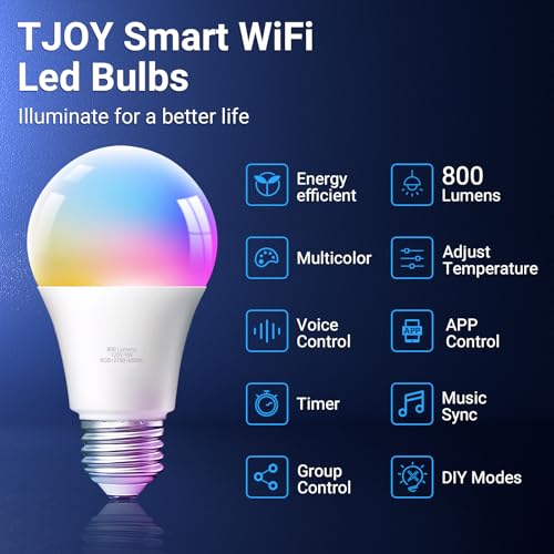 TJOY 4 Pack Smart Light Bulbs, Bluetooth WiFi Led Bulb Work with Alexa &Google Assistant, RGB Color Changing Alexa Bulbs, Music Sync, 2700K-6500K, 9W(60W Equivalent), A19 E26 800LM, 2.4Ghz WiFi only - Image 2