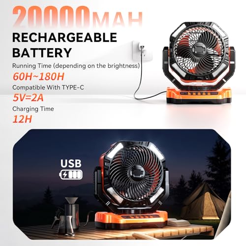 Camping LED Fan with Light, 40000mAh Rechargeable Battery Powered Outdoor Tent Fan with Light and Hook, 4 Speed, Personal USB Desk Fan for Camping, Fishing, Power Outage,Hurricane, Worksite - Image 5