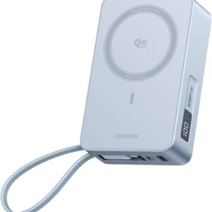 UGREEN MagFlow 20000mAh Magnetic Power Bank for MagSafe with Built-in Cable, High-Capacity Qi2 25W Certified Wireless Charging and 45W PD Fast Charging, Portable Charger for iPhone 17 Pro Max/16/15/14