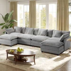 149.2\” Modular Sectional Sofa,U Shaped Couch for Living Room,Modern Deep Seat Sofa 3 Seater Chenille Fabric Comfy Cloud Couches with Throw Pillows & Movable Ottoman