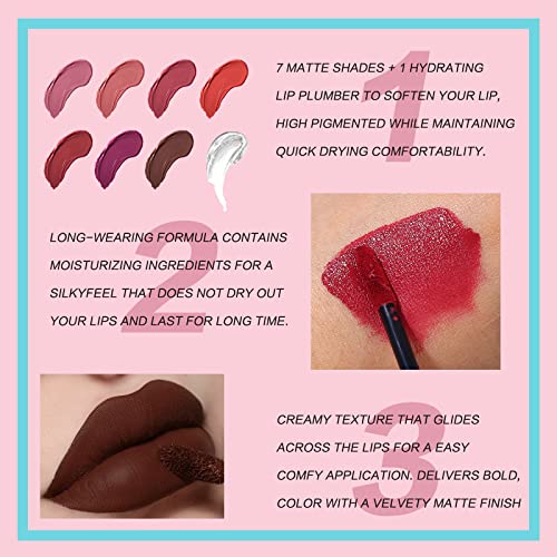 QiBest 7 Matte Liquid Lipstick with 1 Lip Plumber Gloss Makeup Set Long Lasting High Pigmented Velvety Waterproof Nude Lipgloss Kit Make Up Gift Sets for Women Girls - Image 3