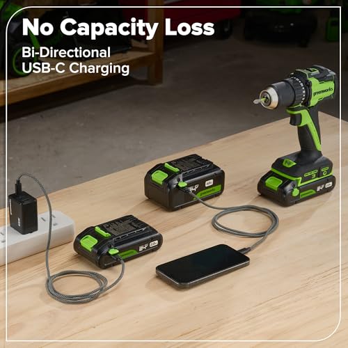 GREENWORKS 24V 1/2” Brushless Cordless Drill (800 In-lbs.), 4.0Ah (24,000mAh Power Bank) USB-C Battery, 3.3 FT Braided Cable, 65W Rapid Charger - Image 11