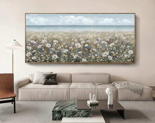 Extra Large Framed Wall Art Blue Seaside And White Flower Wall Decor Farmhouse Art Work Natural Scenery Prints Modern Landscape Picture For Living Room Bedroom Office Hallway 86"x39" - Image 7