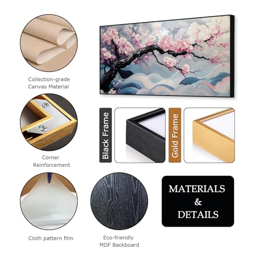 Japanese Cherry Blossom Canvas Wall Art, Sakura Tree Canvas Print, Pink Floral Pictures, Cherry Blossom Tree Wall Art, Flower Branch Decor, Nature Prints for Living Room (Gold Framed, 71"x35" | 180x90cm) - Image 5